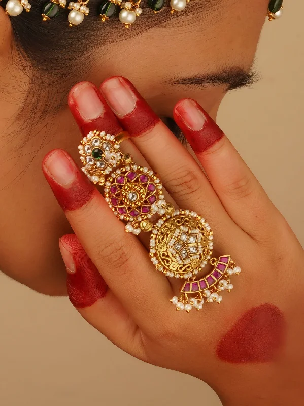 women vintage-style rings -Multicolor Gold Plated Jadau Kundan Ring - MRNG182M