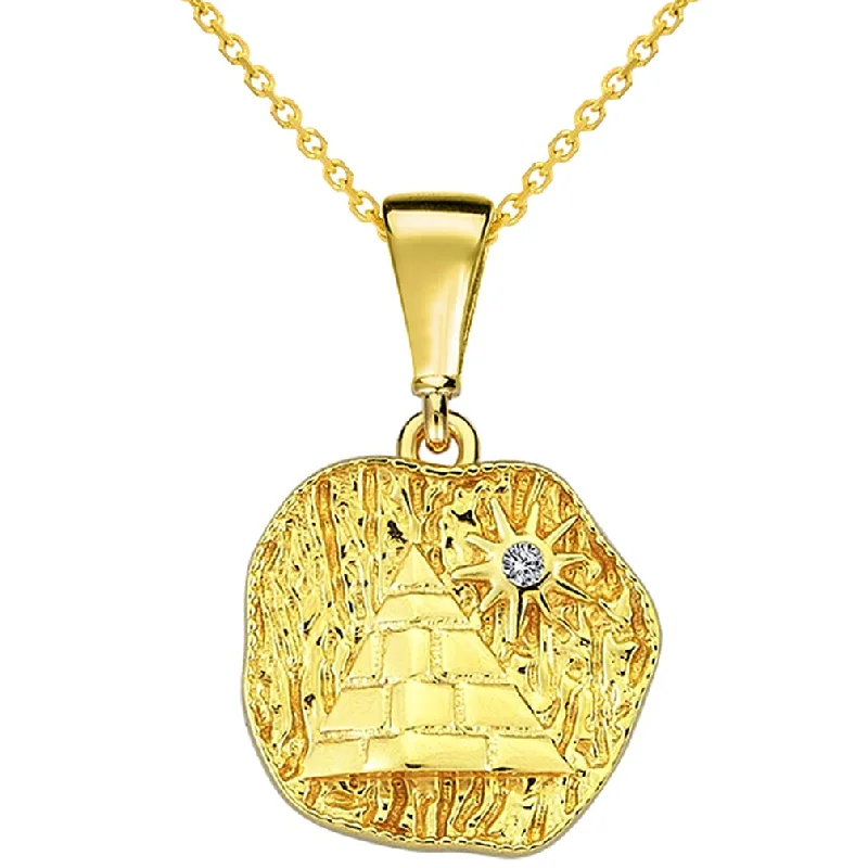 women long necklaces -14k Yellow Gold Textured Small CZ Egyptian Pyramid Talisman Pendant Necklace