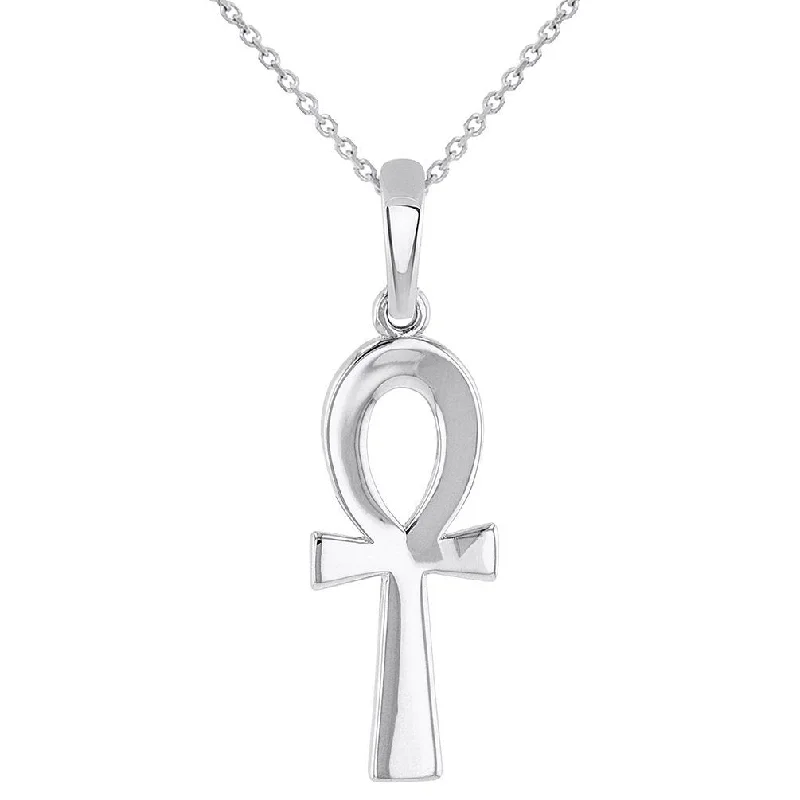 women delicate necklaces -Solid 14k White Gold Polished Egyptian Ankh Cross Charm Pendant with Chain Necklace