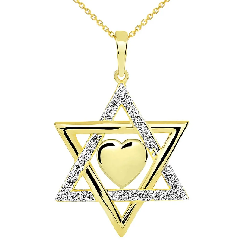 women celestial necklaces -14k Yellow Gold Hebrew Love CZ Star of David with Heart Pendant Necklace