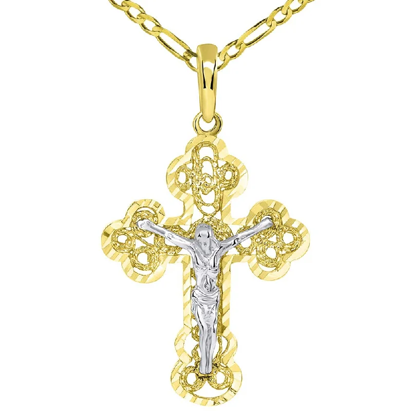 women silver chain necklaces -Solid 14k Two Tone Gold Filigree Eastern Orthodox Cross Crucifix Pendant with Figaro Necklace