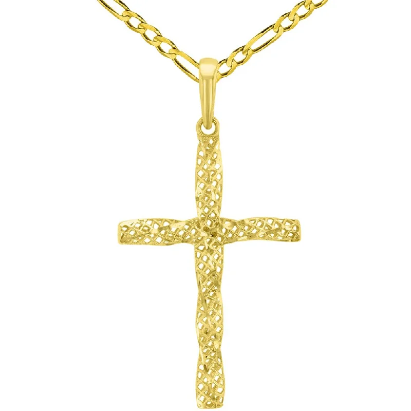 women silver necklaces -14K Yellow Gold Textured Spiral Tube Cross Pendant Figaro Chain Necklace