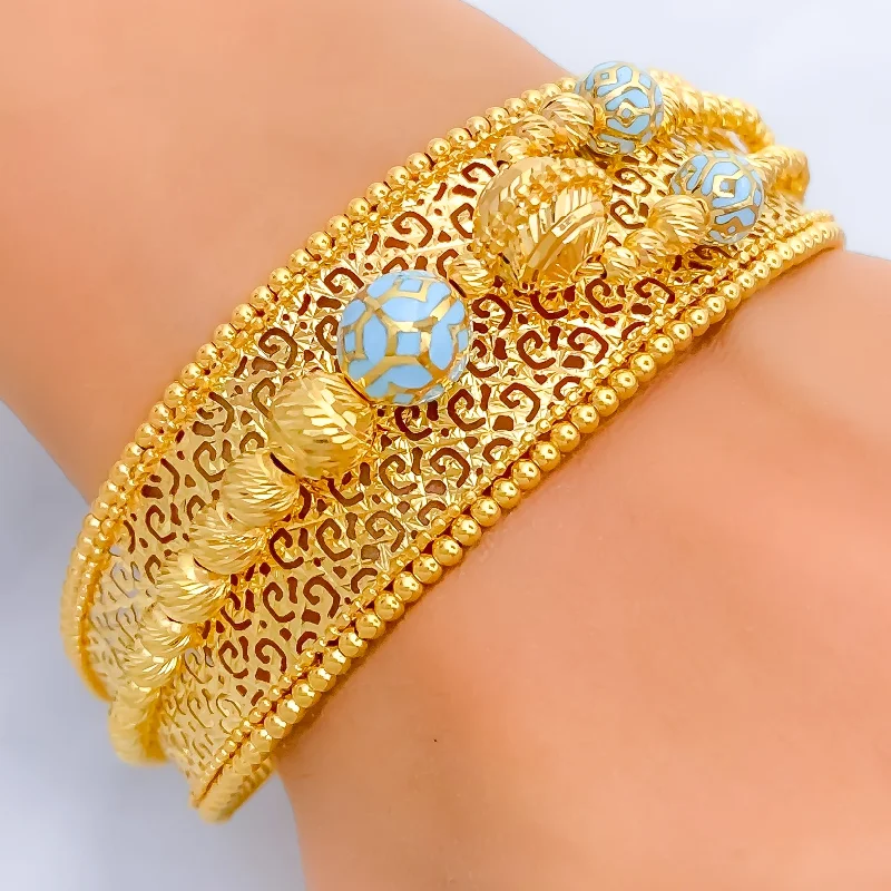 women gold-plated bangles -Luminous Blue Enamel 21k Statement Bangle Bracelet