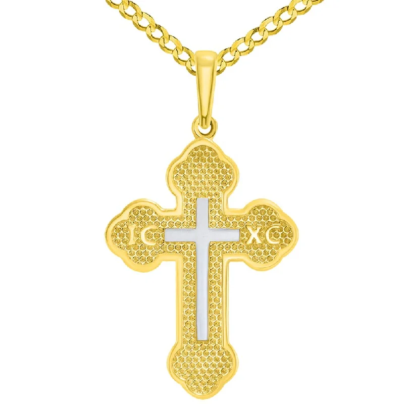 women statement gold necklaces -14k Yellow Gold Eastern Orthodox Botonee Two Tone IC XC Cross Pendant with Curb Chain Necklace