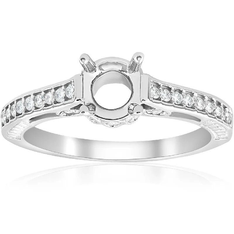 women engraved wedding bands -Vintage 1/5ct Semi Mount Engagement Ring Setting 14K White Gold