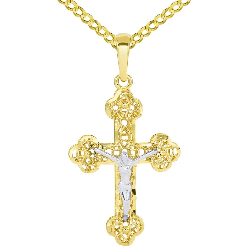 women gemstone necklaces -14k Two Tone Gold Textured Filigree Eastern Orthodox Cross 3D Jesus Crucifix Pendant with Cuban Necklace