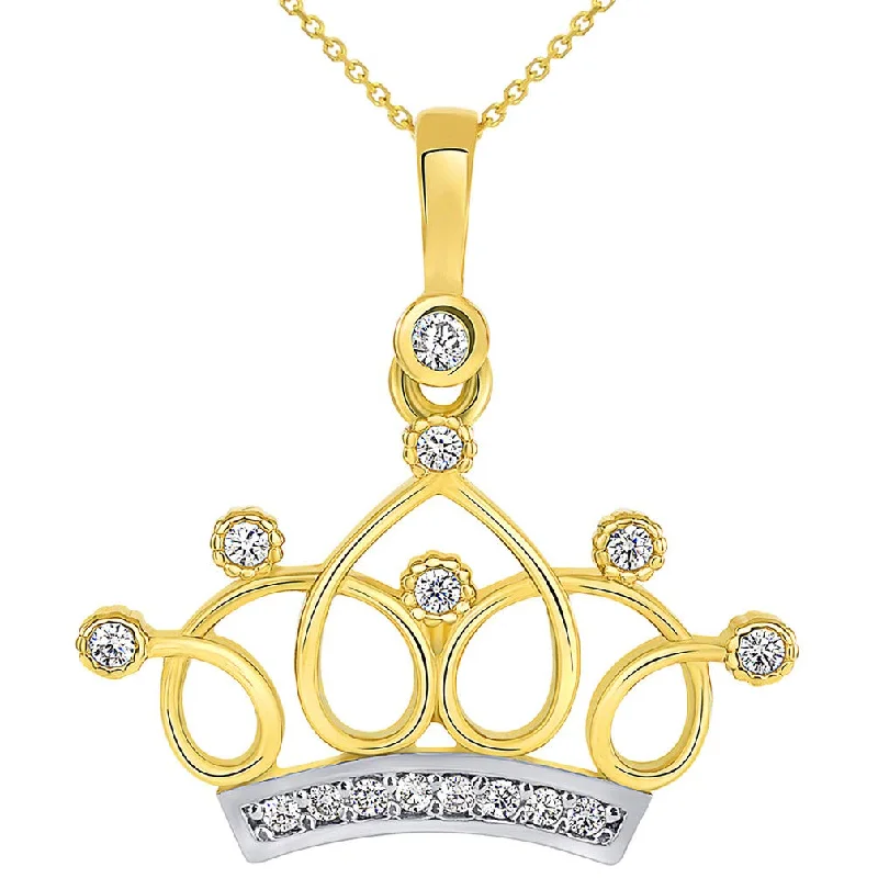 women minimalist pendant necklaces -14k Yellow Gold Cubic Zirconia Studded Elegant Princess Crown Pendant Necklace