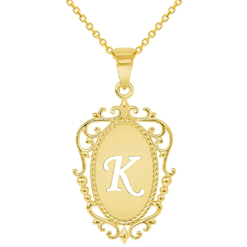 women casual necklaces -14k Yellow Gold Elegant Filigree Oval Uppercase Initial K Script Letter Plate Pendant with Cable, Curb, or Figaro Chain Necklaces