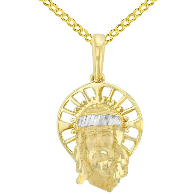 women gold plated necklaces -Textured 14K Yellow Gold Dainty Halo Jesus Christ Face Pendant with Cuban Chain Necklace