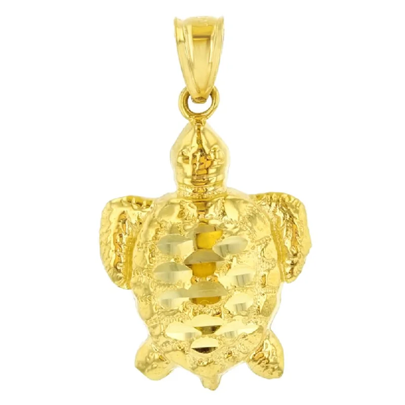 women chic necklaces -14K Yellow Gold Textured Sea Turtle Charm Animal Pendant