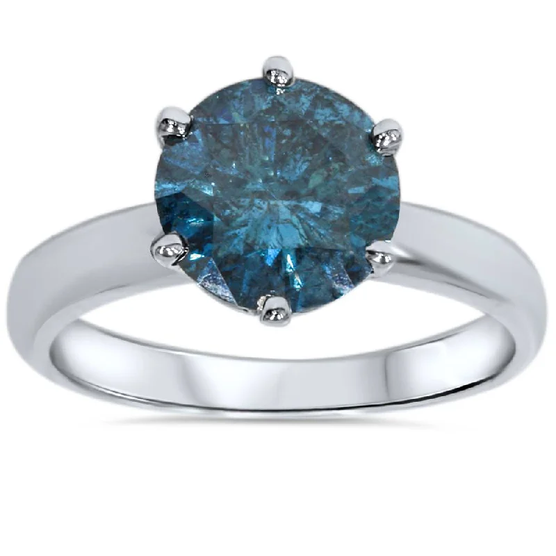 women rose gold engagement rings -2ct Blue Diamond Solitaire Engagement Ring 14K White Gold