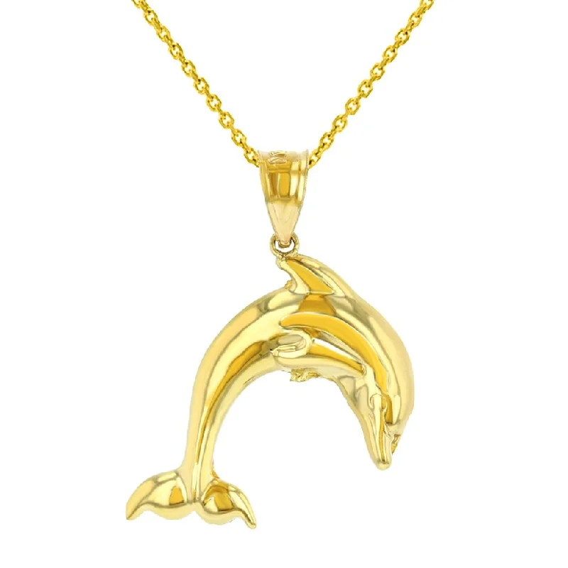 women geometric necklaces -14K Yellow Gold Jumping Dolphin Charm Animal Pendant Necklace with High Polish