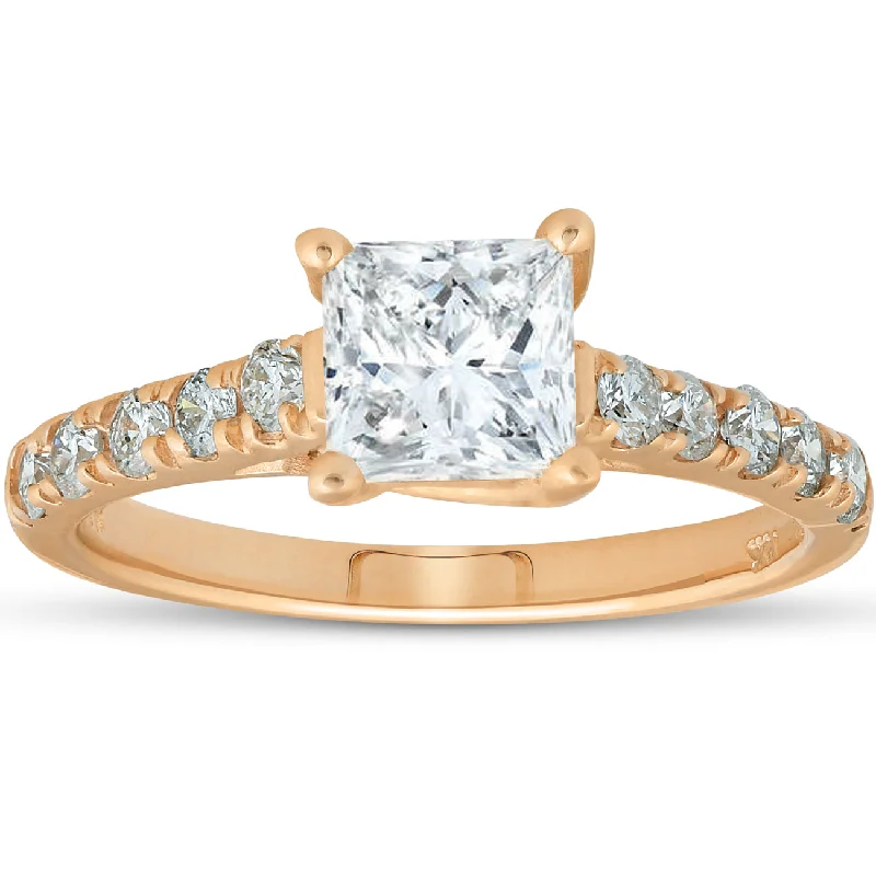 women gold solitaire engagement rings -14k Yellow Gold Princess Cut 1 1/4ct Enhanced Diamond Cathedral Engagement Ring