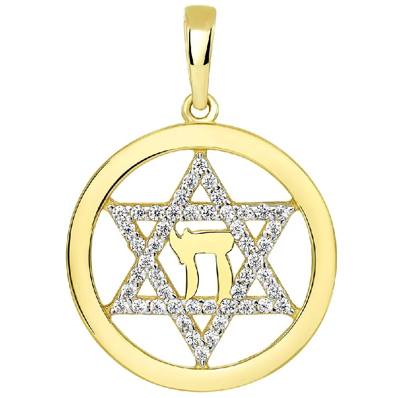 women unique necklaces -14k Yellow Gold Round CZ Jewish Star of David with Chai Symbol Pendant