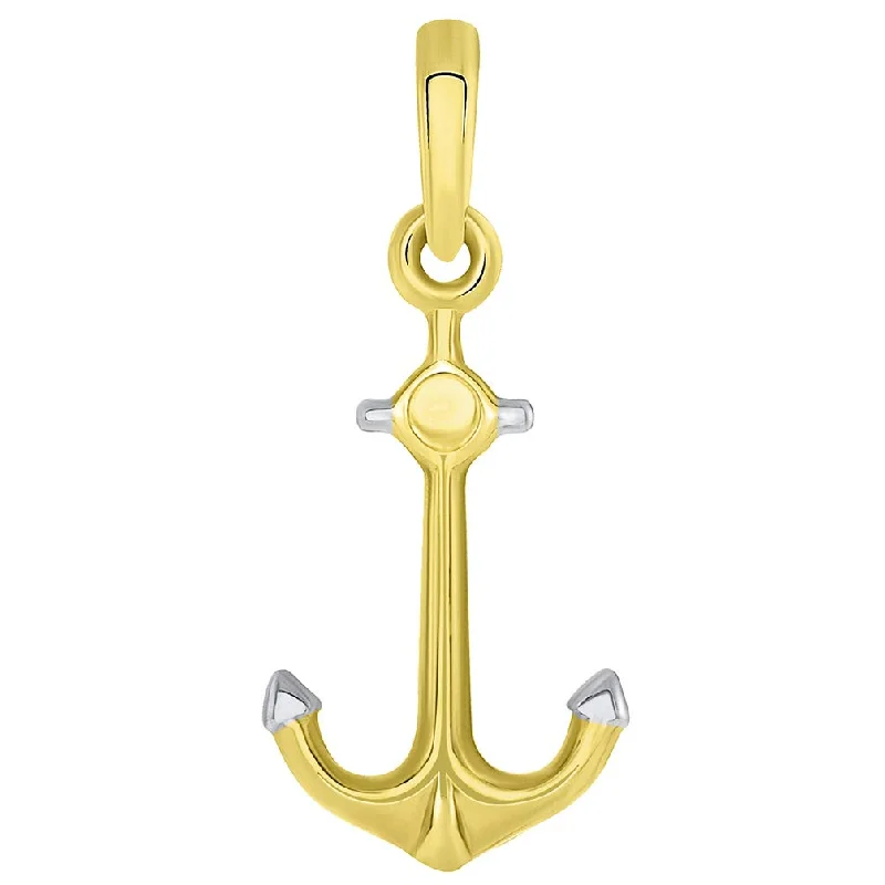 women ruby necklaces -Solid 14k Yellow Gold Two Tone Anchor Charm Nautical Marine Pendant