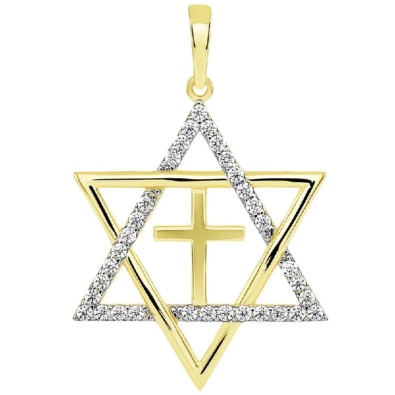 women flower necklaces -14k Yellow Gold CZ Star of David with Religious Cross Judeo Christian Pendant (Large)