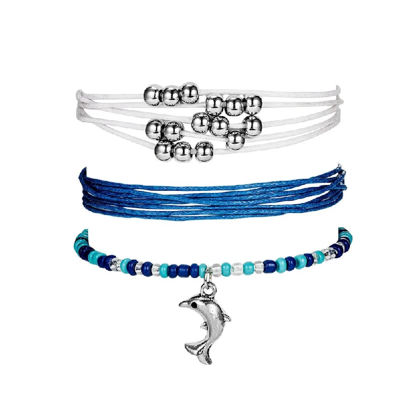 women stacking charm bracelets -3 Piece Stunning Bohemian Style Blue White Rope Dolphin Bracelet for Her