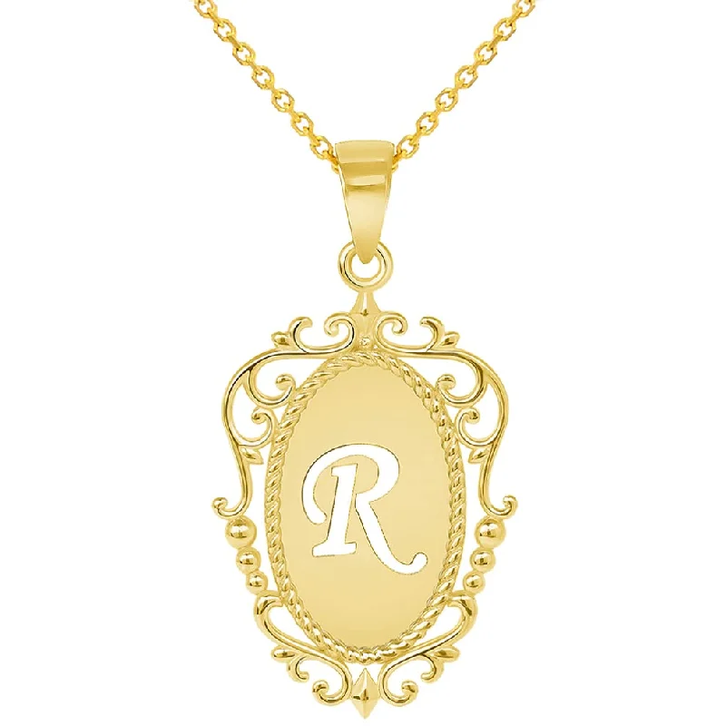 women designer necklaces -14k Yellow Gold Elegant Filigree Oval Uppercase Initial R Script Letter Plate Pendant with Cable, Curb, or Figaro Chain Necklaces