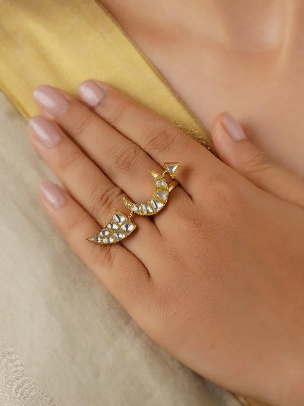 women wedding rings -White Color Gold Plated Thappa Jadau Kundan Ring - TJ-R64