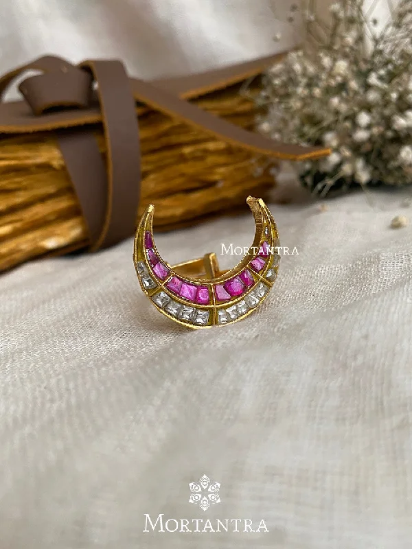 women eternity engagement rings -Pink Color Gold Plated Thappa Jadau Kundan Ring - TJ-R43WP