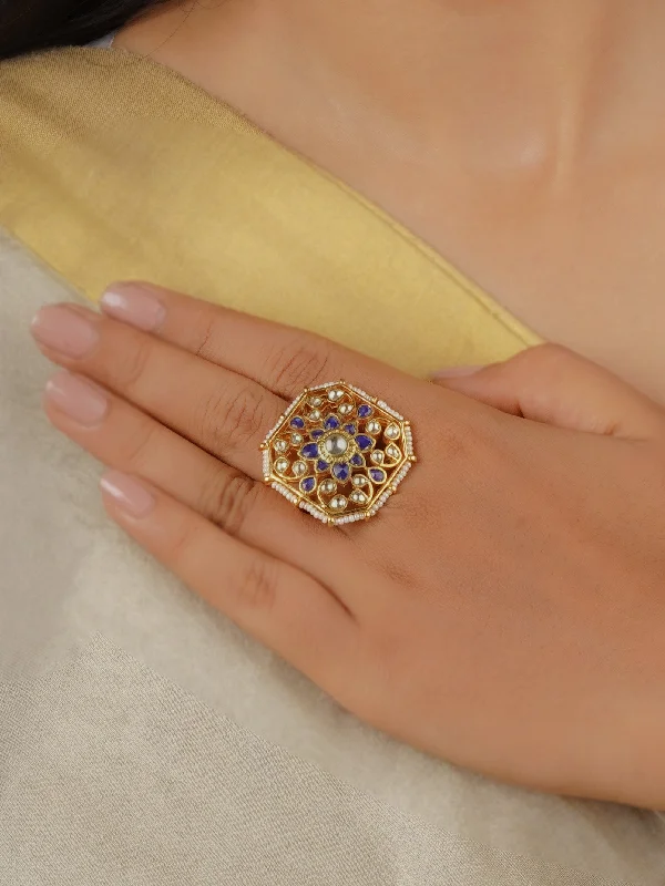 women art deco rings -Blue Color Gold Plated Jadau Kundan Ring - MRNG172YBL