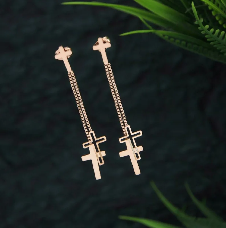 women rhinestone earrings -Tarohi Jewels Stainless Steel Rosegold Plated Cross Chain Earring-STNER 2741