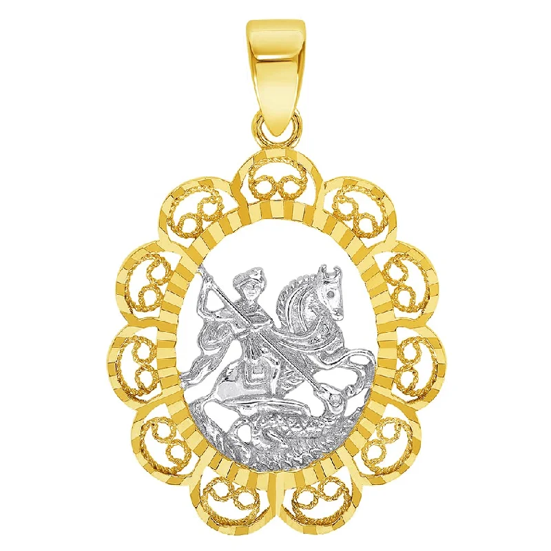 women engraved pendant necklaces -14k Yellow Gold Filigree Patron Saint George Medal Pendant