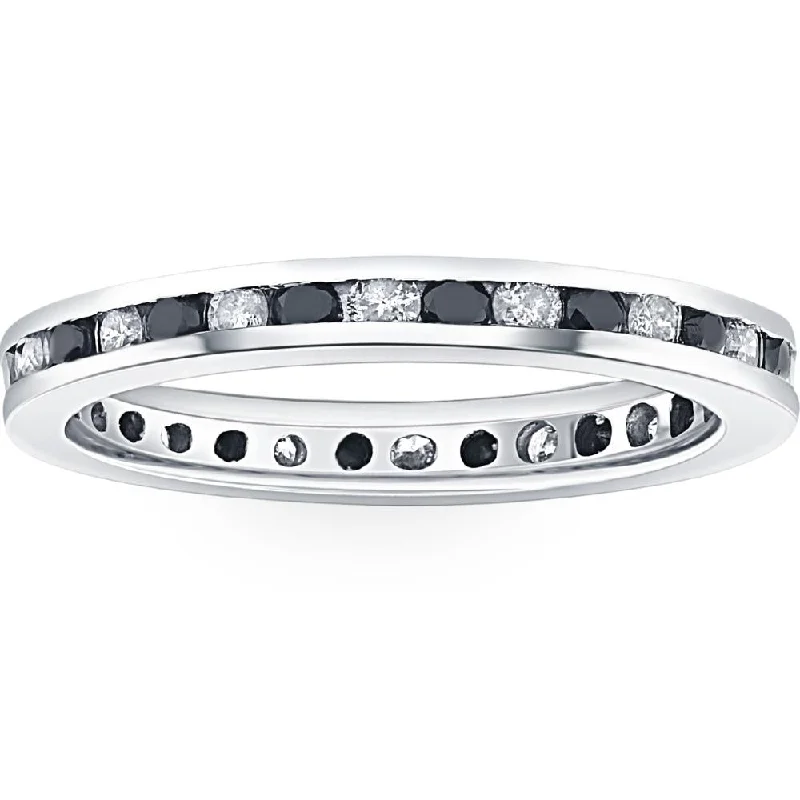 women vintage-inspired engagement rings -1ct Black & White Diamond Eternity Ring 14K White Gold Band