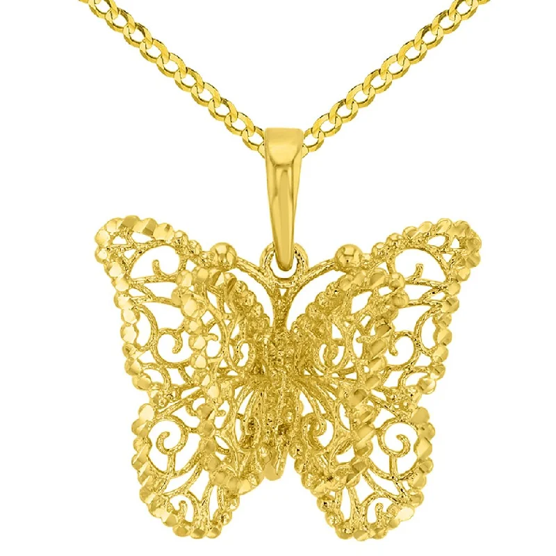 women geometric necklaces -14K Yellow Gold Textured Filigree Butterfly with Four Wings Pendant Cuban Necklace