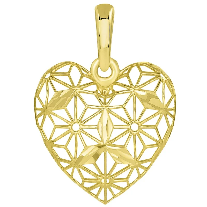 women pendant necklaces -14K Yellow Gold Textured 3D Heart Charm Pendant with Filigree