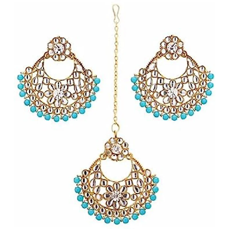 women custom engraved earrings -Subhag Alankar Light Blue Alloy Jewel Set with Maangtikka