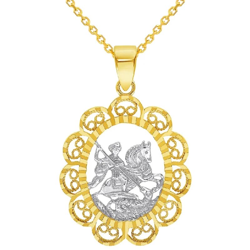 women antique necklaces -14k Yellow Gold Filigree Patron Saint George Medal Pendant with Cable, Curb, or Figaro Chain Necklaces