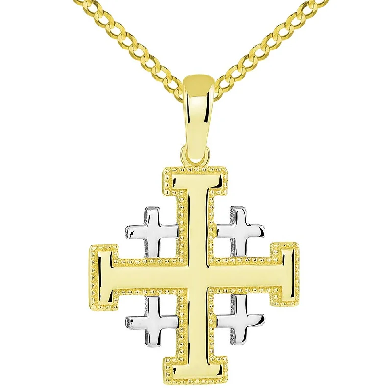 women crystal pendant necklaces -14k Yellow Gold Two Tone Crusaders Jerusalem Cross Pendant with Cuban Chain Necklace