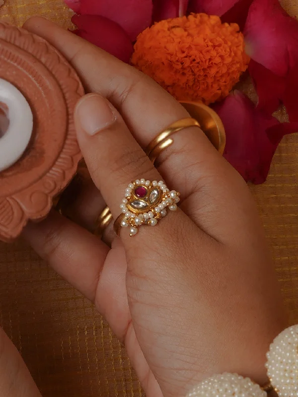 women wide band wedding rings -Pink Color Gold Plated Jadau Kundan Ring - MRNG197WP