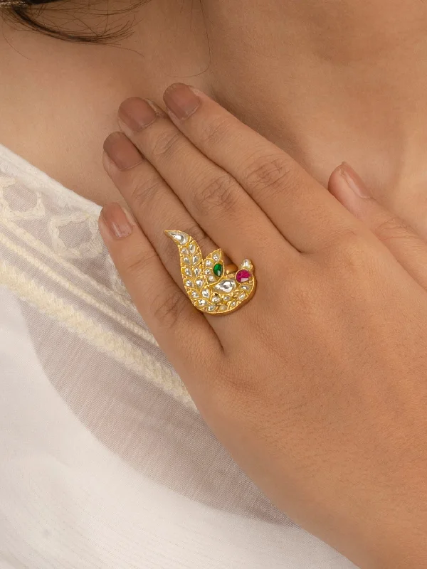 women cubic zirconia rings -Multicolor Gold Plated Thappa Jadau Kundan Ring - TJ-R38M