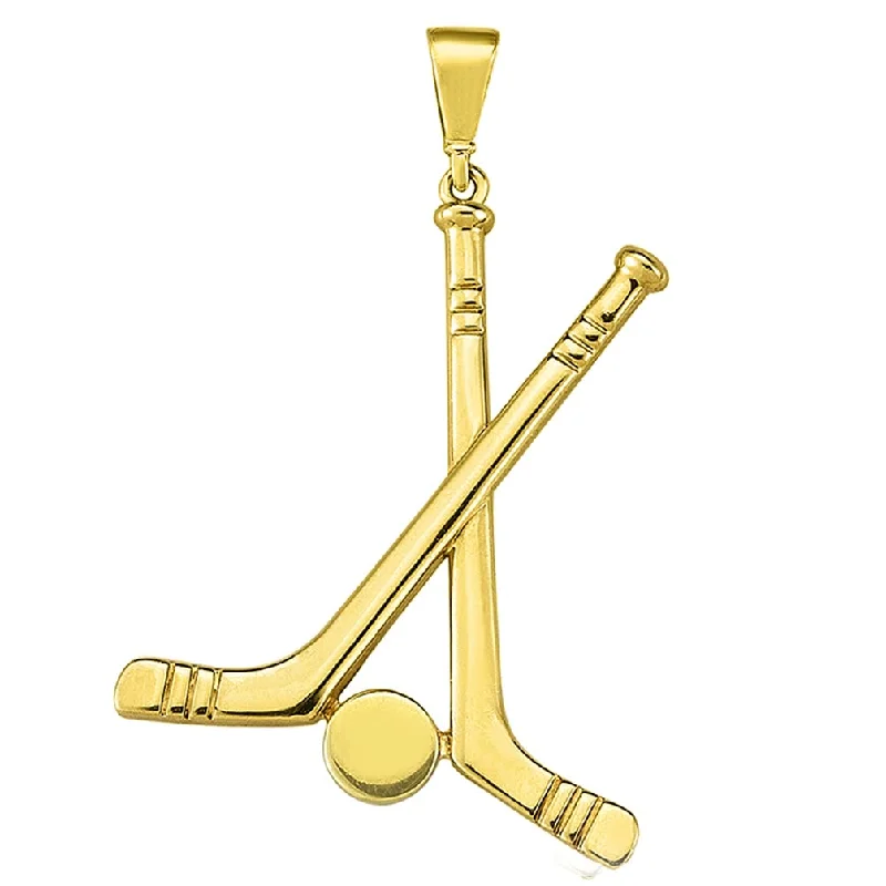 women silver necklaces -14k Yellow Gold Two Hockey Sticks with Puck Sports Pendant