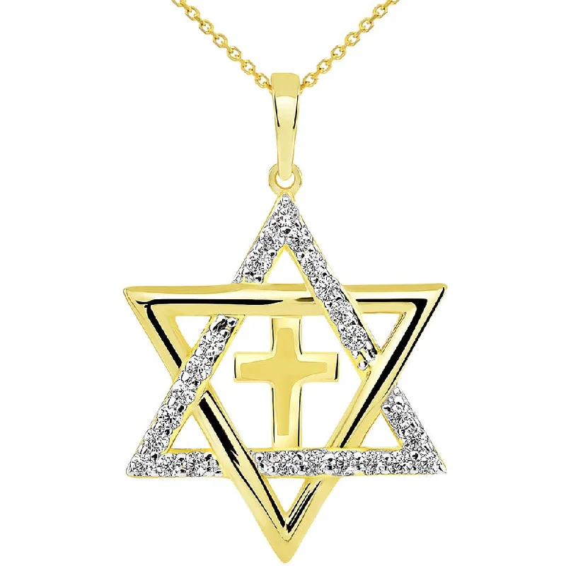 women turquoise necklaces -14k Yellow Gold CZ Star of David with Religious Cross Judeo Christian Pendant Necklace