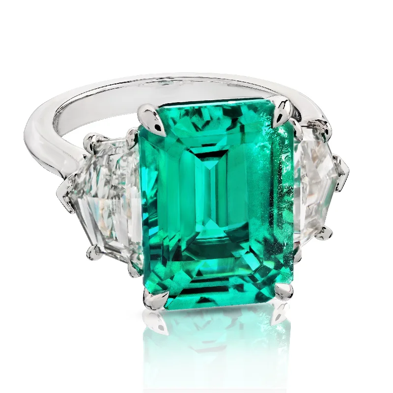 women personalized gemstone rings -Green Zambian Emerald Cut Diamond Ring with Cadillac Shirt Cuts, 12 CT