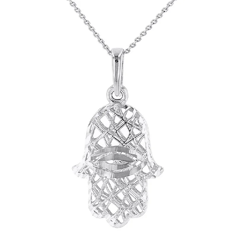 women boho necklaces -Textured 14K White Gold Hamsa Hand of Fatima with Evil Eye Pendant Necklace