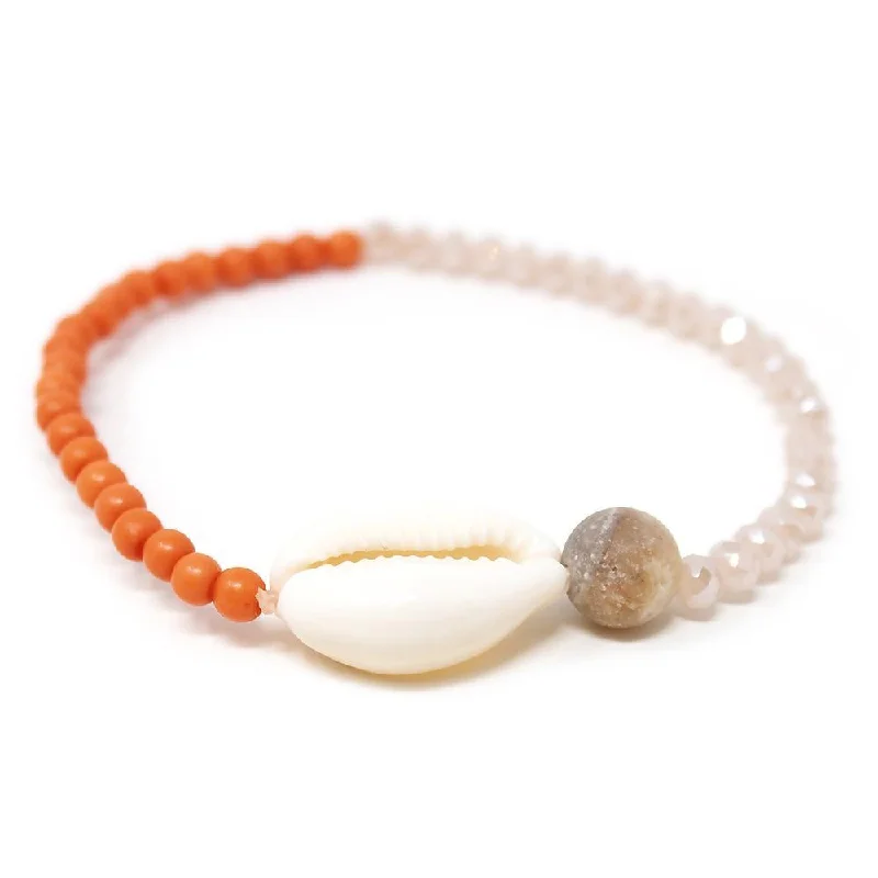 women silver cuff bracelets -Cowrie Shell Glass Beaded Stretch Bracelet Peach and Coral