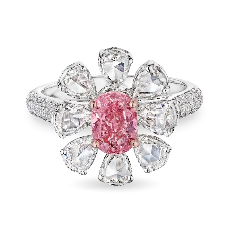 women wedding rings -Pink Oval Cluster Diamond Flower Ring