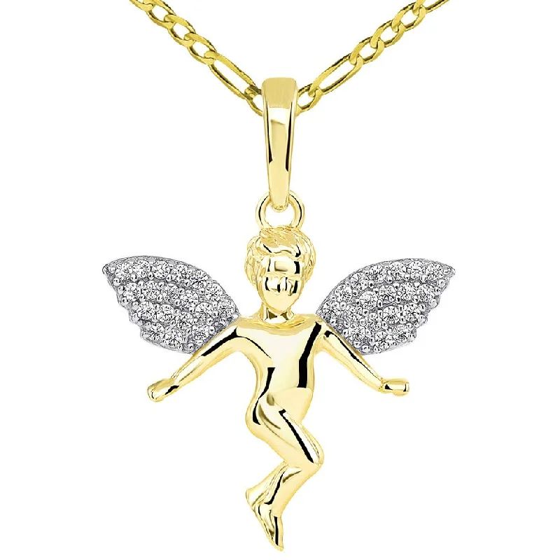 women diamond pendant necklaces -14k Yellow Gold Floating Guardian Angel with Micro Pave CZ Wings Pendant Figaro Chain Necklace