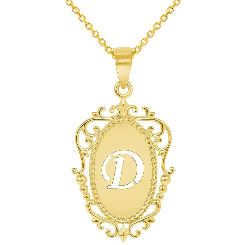 women statement necklaces -14k Yellow Gold Elegant Filigree Oval Uppercase Initial D Script Letter Plate Pendant with Cable, Curb, or Figaro Chain Necklaces