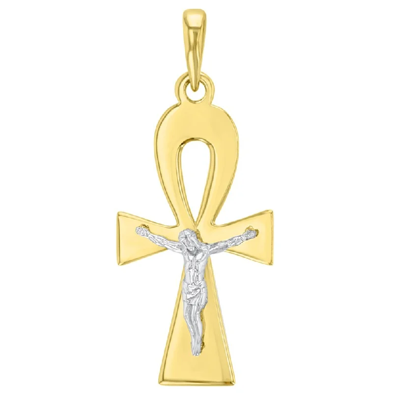 women choker necklaces -Solid 14K Two-Tone Egyptian Ankh Cross with Jesus Christ Crucifix Pendant