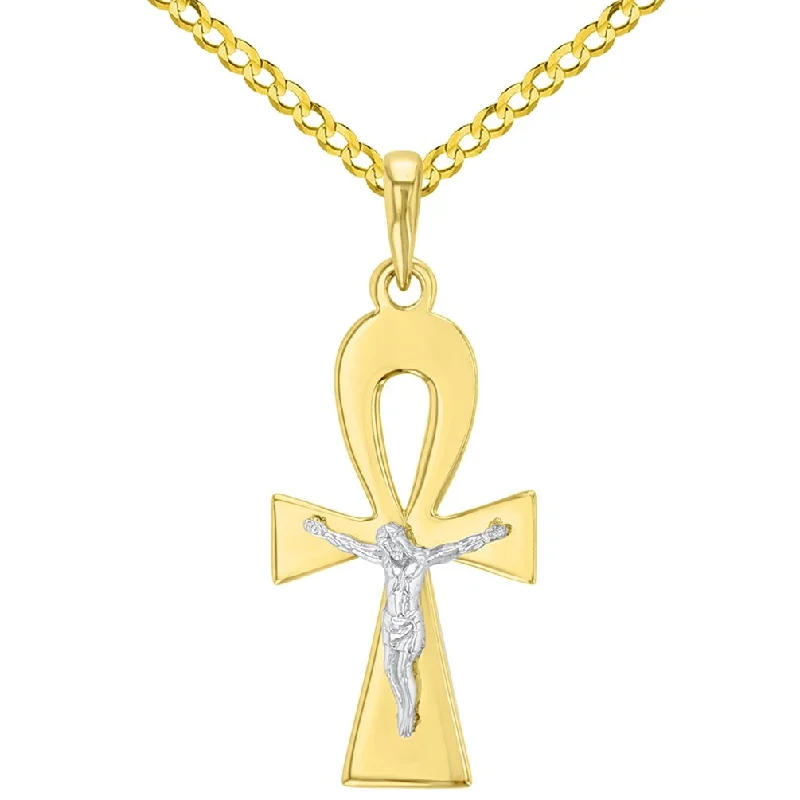 women engraved gold necklaces -Solid 14K Two-Tone Egyptian Ankh Cross with Jesus Christ Crucifix Pendant Cuban Chain Necklace