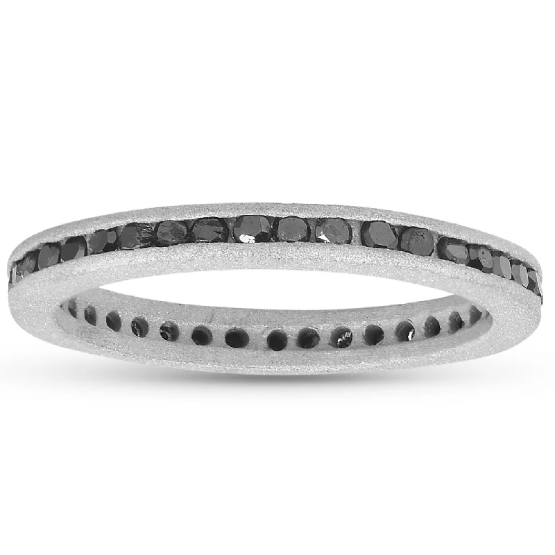 women unique cut engagement rings -1/2ct Raw Black Diamond Channel Set Eternity Ring 14K White Gold