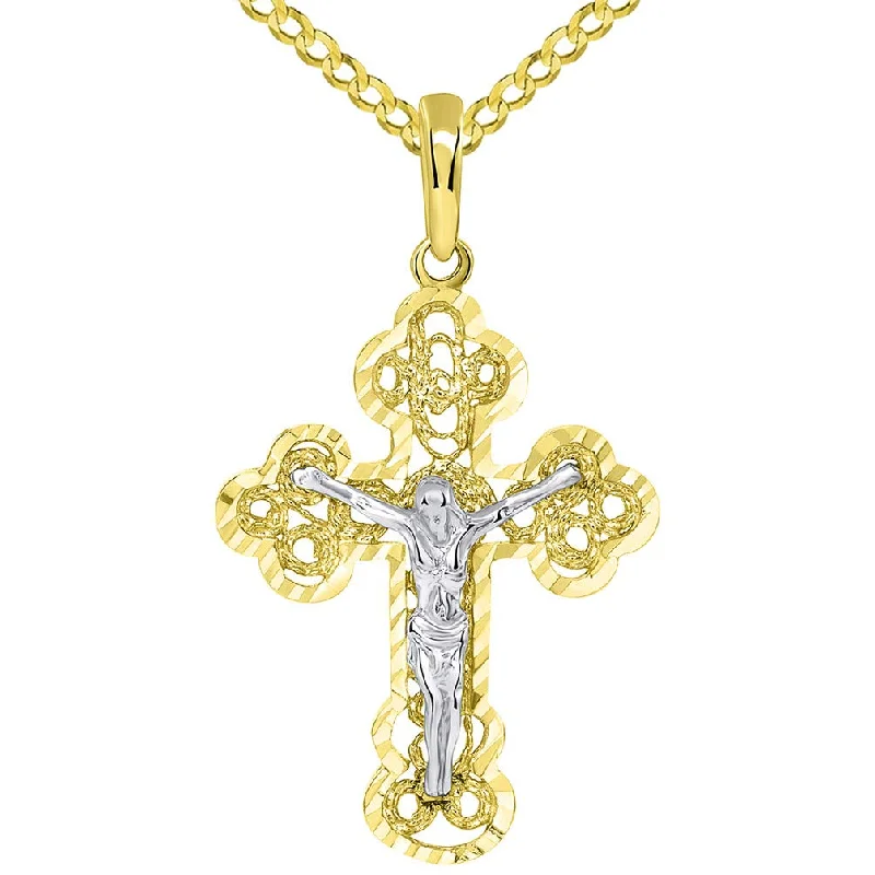 women heart-shaped necklaces -Solid 14k Two Tone Gold Filigree Eastern Orthodox Cross Jesus Crucifix Pendant with Cuban Necklace