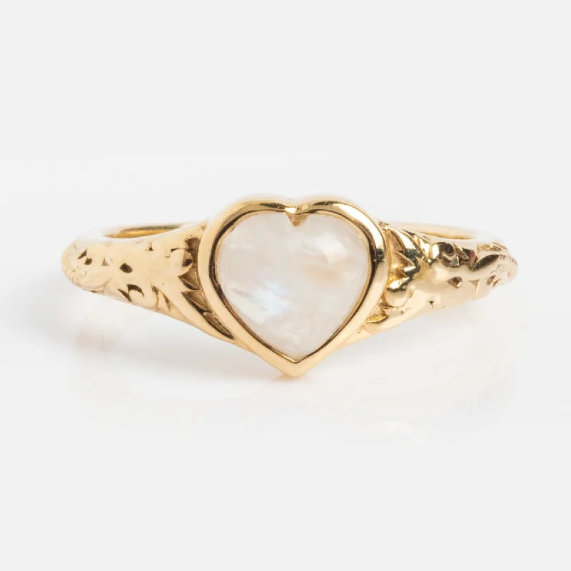 women black diamond rings -Solid Gold Rainbow Moonstone Heart Filigree Signet Ring