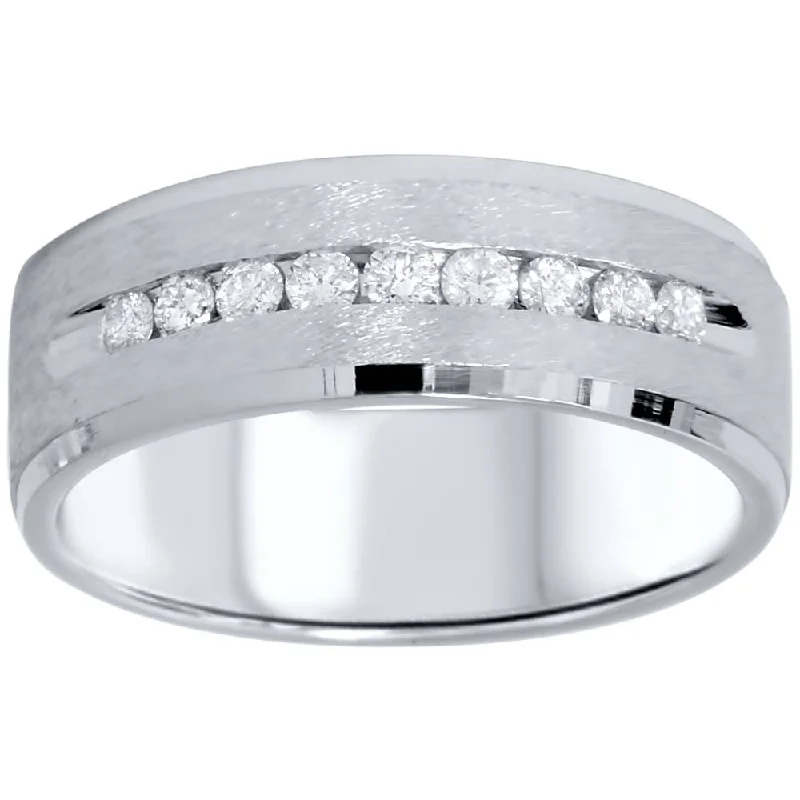 women sterling silver engagement rings -3/4ct Mens Diamond Channel Set 7mm Brushed Wedding Ring 14K White Gold