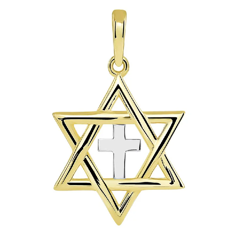 women crystal pendant necklaces -14k Yellow Gold Jewish Hebrew  Star of David with Religious Cross Judeo Christian Pendant (Small)